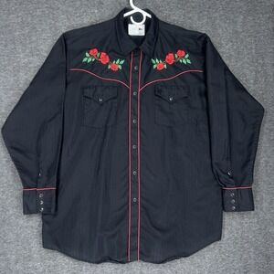 Vintage MWG Shirt Mens XL Black Floral Embroidered Pearl Snap Western Canada